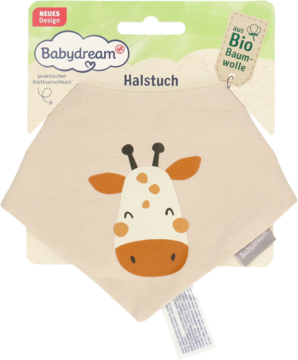 Chustka-śliniak Babydream z organicznej bawełny, beżowa z uśmiechniętą głową żyrafy, widok przodem w opakowaniu.