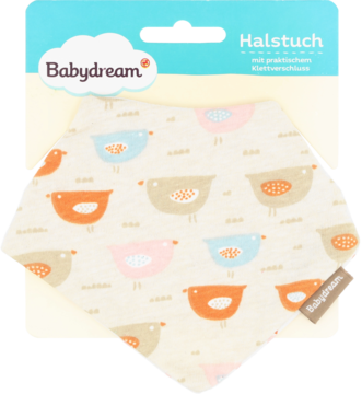 Chustka pod szyję Babydream dla dziecka, biała w kolorowe ptaszki, zapięcie na rzep, widok na opakowaniu.