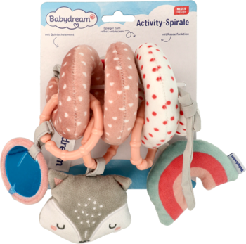 Miękka welurowa spirala aktywizująca Babydream, różowa, z pluszowym lisem, tęczą i lusterkiem, w opakowaniu.