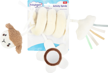 Kremowa spirala aktywizująca Babyono z weluru, pluszową owieczką, lusterkiem i kolorowymi tasiemkami, widok na opakowaniu.