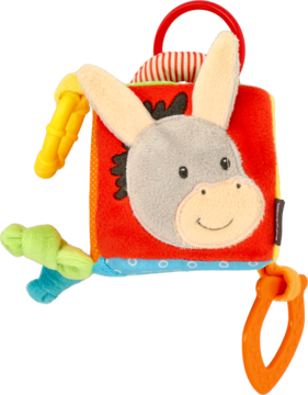 Pluszowa kostka activity z osiołkiem, czerwono-szara, z gryzakiem i pomarańczowym uchwytem C.