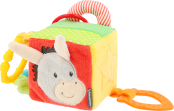 Czerwono-żółta miękka kostka aktywności dla niemowląt z osiołkiem, uchwytem i gryzakiem C-ring.