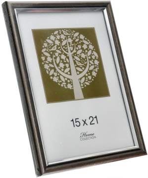 Ciemnoszara ramka na zdjęcie 15x20 z błyszczącego metalu, stojąca pionowo, z wstawką z motywem drzewa.