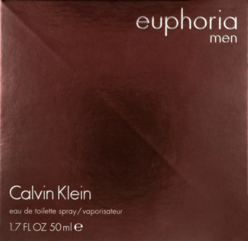 Front of Calvin Klein Euphoria Men Eau de Toilette, 50ml, in a reddish-brown box with subtle diagonal texture.