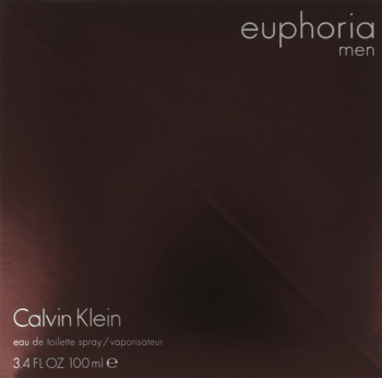 Pudełko perfum Calvin Klein Euphoria Men, ciemnobrązowe z diagonalnym paskiem, widoczne logo i pojemność 100ml.