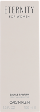 Perfumy Eternity Calvin Klein dla kobiet, flakon 100ml, widok przód, jasnobeżowe pudełko z szarym napisem.