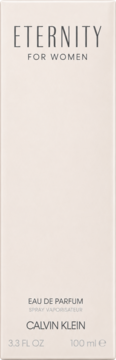 Calvin Klein Eternity for Women Eau de Parfum 100ml, w jasnobeżowym prostokątnym opakowaniu, widok z przodu.