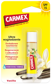 Carmex Vanilla nawilżający balsam do ust w sztyfcie SPF 15, żółte opakowanie z ilustracją wanilii.