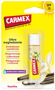 Carmex Vanilla nawilżający balsam do ust w sztyfcie SPF 15, żółte opakowanie z ilustracją wanilii.