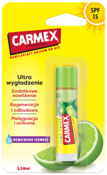Carmex nawilżający balsam do ust Lime Twist SPF 15 w zielono-żółtym opakowaniu blistrowym, widok z przodu.