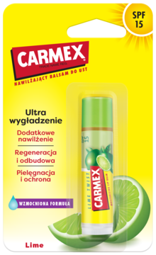 Carmex nawilżający balsam do ust Lime Twist SPF 15 w zielono-żółtym opakowaniu blistrowym, widok z przodu.