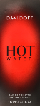 Frontowe opakowanie perfum Davidoff Hot Water, czarne z czerwonym blaskiem. Biały napis DAVIDOFF, czarny HOT WATER.
