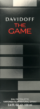 Davidoff The Game Eau de Toilette, czarne pudełko z poziomymi srebrnymi pasami i czerwonym napisem, widok z przodu.
