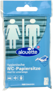 Alouette higieniczne nakładki WC w niebieskim opakowaniu, z symbolami toaletowymi i napisem idealne w podróży.