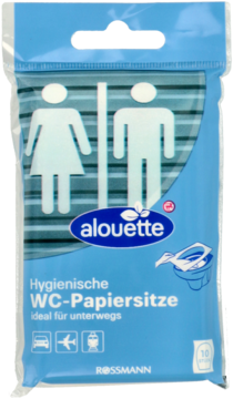 Alouette higieniczne nakładki WC w niebieskim opakowaniu, z symbolami toaletowymi i napisem idealne w podróży.