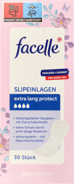 Opakowanie Facelle Slipeinlagen extra lang protect, 30 sztuk, z różowym tłem i wzorem kwiatowym.