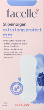 facelle Slipeinlagen extra lang protect 30 szt., różowe opakowanie, dla lekkiej nietrzymania moczu, widok z przodu.