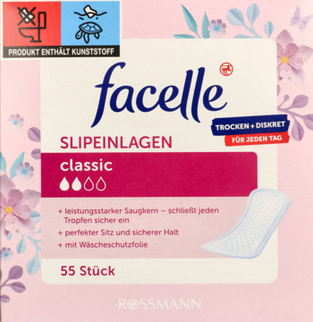 Facelle wkładki higieniczne Classic 55 sztuk, różowe pudełko z kwiatowym wzorem, widok z przodu. Suche i dyskretne.