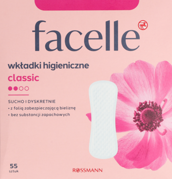 Opakowanie Facelle wkładek higienicznych Classic 55 szt., różowo-białe z dużym różowym kwiatem, widok z przodu.