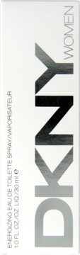 Białe kartonowe opakowanie perfum DKNY Women Energizing 30ml, z pionowo umieszczonym srebrnym logo i czarnym tekstem na froncie.
