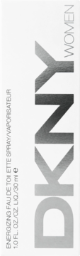 Przód białego opakowania DKNY Energizing Women Eau de Toilette, 30ml, ze srebrnym logo i czarnym napisem.