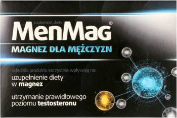 Opakowanie MenMag magnez dla mężczyzn, suplement diety, czarne z niebieskim i żółtym wzorem, widok z przodu.