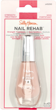 Sally Hansen Nail Rehab, wzmacniająca odżywka w opakowaniu, beżowo-różowa butelka, widok z przodu.