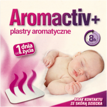 Opakowanie Aromactiv+ plastry aromatyczne od 1. dnia życia, biało-różowe, ze śpiącym dzieckiem.