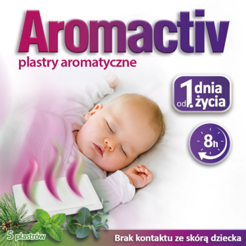 Aromactiv plastry aromatyczne od 1. dnia życia. Grafika z uśpionym dzieckiem i listkami mięty obok plastrów.