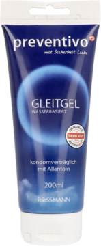 Ciemnoniebieska tuba preventivo Gleitgel, 200ml, lubrykant wodny Rossmann. Widok z przodu, biały korek.