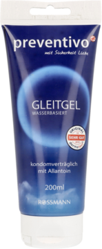 Ciemnoniebieska tuba preventivo Gleitgel, 200ml, lubrykant wodny Rossmann. Widok z przodu, biały korek.