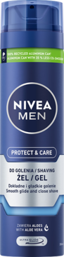 Nivea Men Protect & Care ochronny żel do golenia z aloesem, niebieska puszka, widok z przodu.