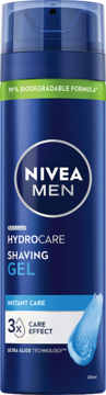 NIVEA MEN Hydrocare Żel do golenia 200ml, niebieska butelka z zielonym paskiem '99% biodegradalne', widok z przodu.