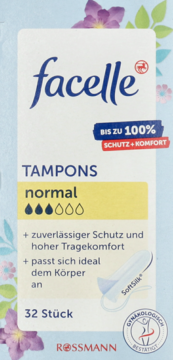 Opakowanie tamponów Facelle Normal 32 sztuki, z niebieskim napisem, kwiatowym tłem i informacją o ochronie.