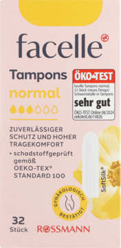 facelle Tampony Normal 32 szt. w różowym pudełku z żółtymi akcentami, widok z przodu, z pieczęcią ÖKO-TEST 'sehr gut'.