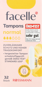 Facelle Tampony Normal 32 szt. w różowym pudełku, przód, z oznaczeniami ÖKO-TEST i SoftSilk.