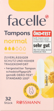 Opakowanie tamponów Facelle Normal, 32 szt., różowe. Z przodu ocena ÖKO-TEST "sehr gut" i pieczęć "SoftSilk".