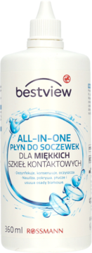 BestView All-in-One płyn do miękkich soczewek kontaktowych 360 ml, biała butelka, widok z przodu.