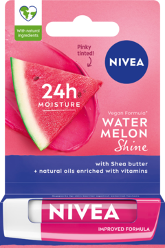NIVEA Watermelon Shine pomadka do ust 24h nawilżenia w różowym blistrze z arbuzem, widok przodu.