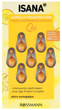 ISANA Q10, przeciwzmarszczkowe kapsułki pielęgnacyjne, 7 sztuk w żółtym opakowaniu, widok z przodu.