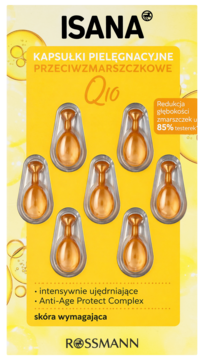 ISANA Q10 przeciwzmarszczkowe kapsułki pielęgnacyjne w żółtym opakowaniu, 7 złotych, owalnych kapsułek, widok z przodu.