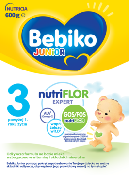 Bebiko Junior 3, mleko modyfikowane 600g, żółto-niebieska saszetka z misiem, formuła nutriFLOR Expert dla dzieci pow. 1 roku.
