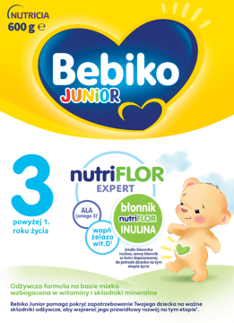 Bebiko Junior 3 mleko modyfikowane 600g, żółto-niebieskie opakowanie z misiem, widok z przodu.