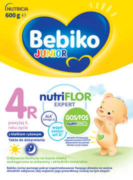 Bebiko Junior 4R NUTRIflor Expert z kleikiem ryżowym, przód kartonika, żółto-niebieski design z misiem.