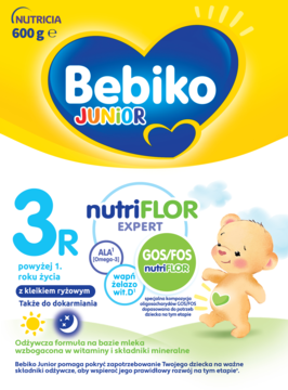 Bebiko Junior 3R mleko modyfikowane z kleikiem ryżowym, żółto-niebieskie opakowanie, widok z przodu.
