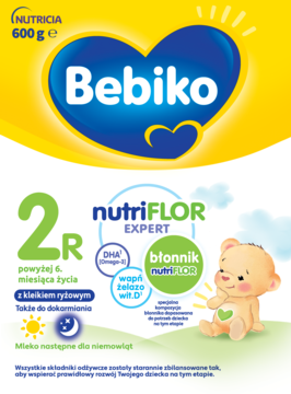 Opakowanie Bebiko 2R NUTRIflor Expert, mleko następne z kleikiem ryżowym dla niemowląt od 6 miesięcy, z misiem.