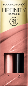 Max Factor Lipfinity Lip Colour 24h, dwuetapowa pomadka w koralowo-złotym opakowaniu, widoczne etapy 1 i 2.