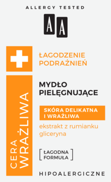 Grafika AA mydła pielęgnującego do cery wrażliwej, z rumiankiem i gliceryną, w odcieniach szarości i pomarańczy.
