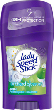 Fioletowy Lady Speed Stick Orchard Blossom, antyperspirant w sztyfcie 48H ochrony, z zielonym jabłkiem.
