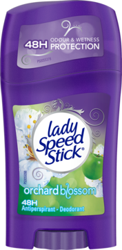 Fioletowy Lady Speed Stick Orchard Blossom, antyperspirant w sztyfcie 48H ochrony, z zielonym jabłkiem.